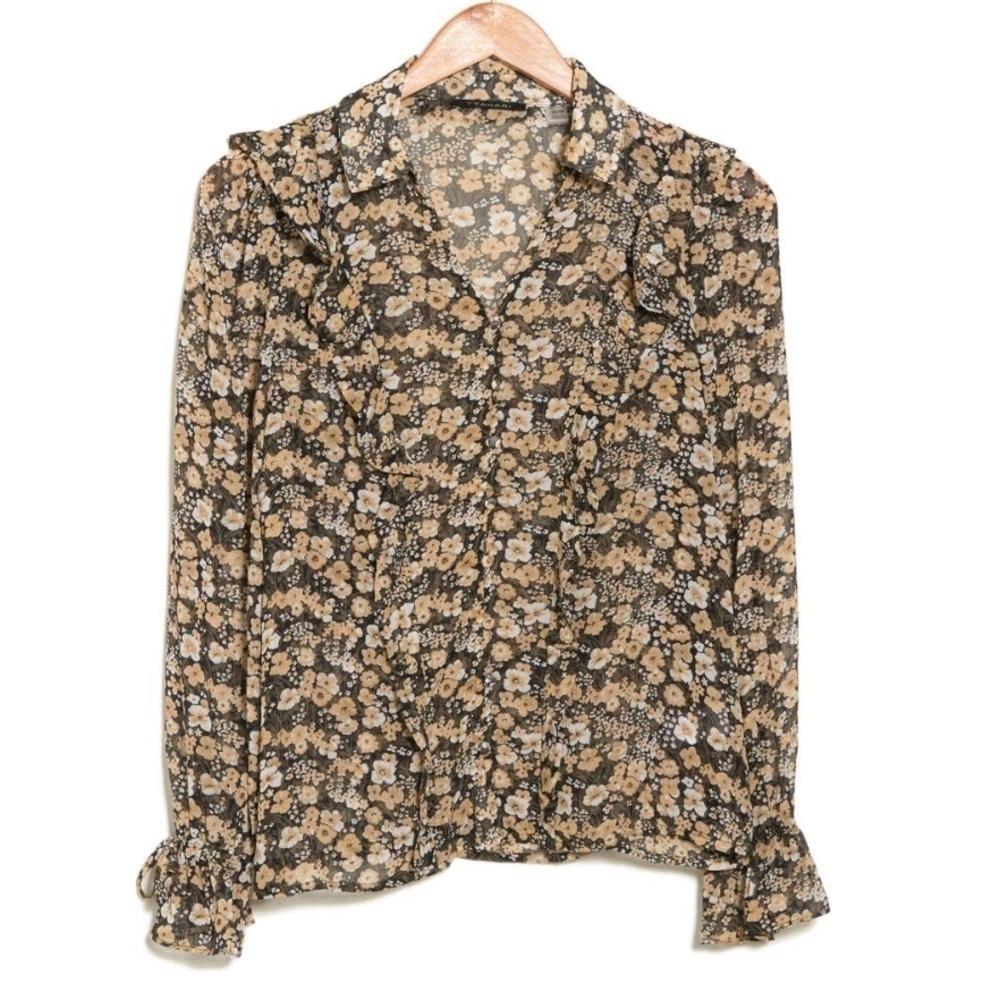 T Tahari Ruffle Long Sleeve Black Beige Floral Ruffle Trim Blouse - Medium, NWT